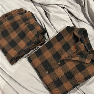 Skims Fleece Pajama Shirt and Pants Set in Black and Brown Plaid